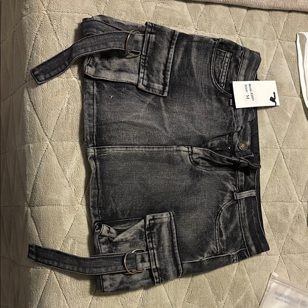 Zara Washed Gray Denim Skort with Dual D-Ring Straps